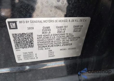 2019 Chevrolet Equinox Lt из США, поврежденный, VIN 3GNAXUEV5KL216919